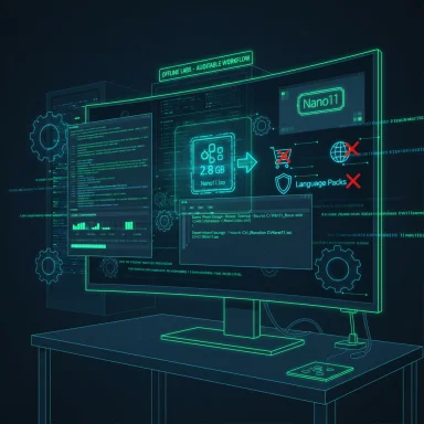 Futuristic neon-green holographic computer interface displaying code, Nano11, and workflow labels.