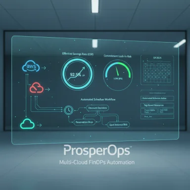 Futuristic holographic dashboard for ProsperOps Multi-Cloud FinOps Automation with savings and scheduling gauges.