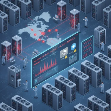 Data center workers monitor a major North America outage on a large holographic dashboard.