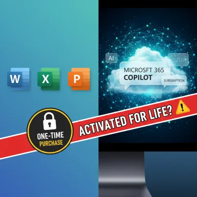 Office apps (Word, Excel, PowerPoint) on the left; a Microsoft 365 Copilot promo with a “One-Time Purchase” banner across the screen.