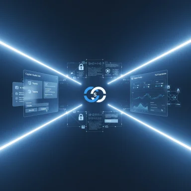 Futuristic neon hub with holographic dashboards surrounding a central logo.