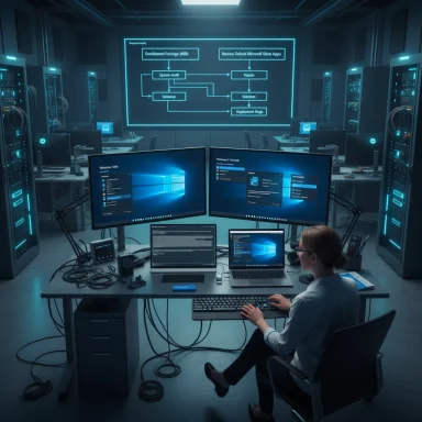 A technician uses a multi-monitor setup in a server room bathed in blue light.