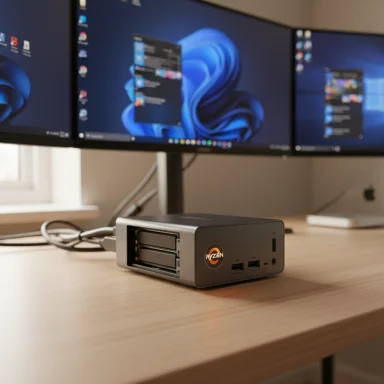 A Ryzen mini PC with two drive bays sits on a desk in front of a multi-monitor setup.