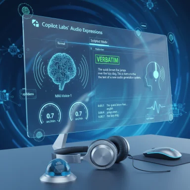 Futuristic holographic display shows Copilot Labs audio expressions with brain diagram and Verbatim text.