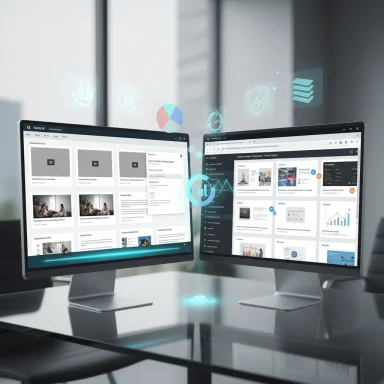 Two curved monitors on a glass desk display dashboards with charts and floating holographic icons.