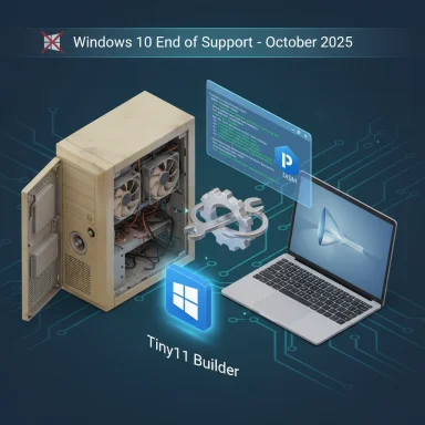 An old PC tower and a laptop connected to Tiny11 Builder beneath a Windows 10 end-of-support banner.