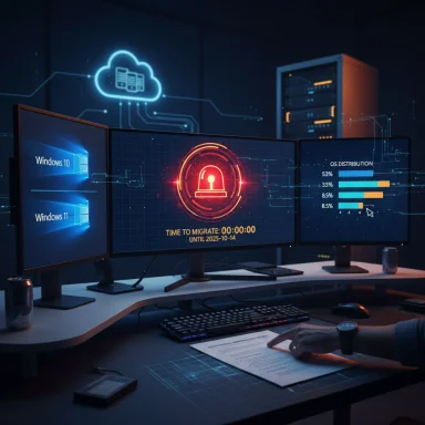 Triple-monitor setup showing Windows 10/11, a red lock alert, and OS distribution data.