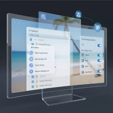 A transparent monitor shows floating AI tools for image editing and text/image generation.