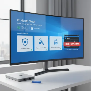 A curved monitor shows Windows PC Health Check with upgrade options and an UNSUPPORTED badge.