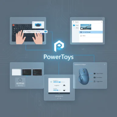 PowerToys logo with floating feature panels on a blue circuitry background.