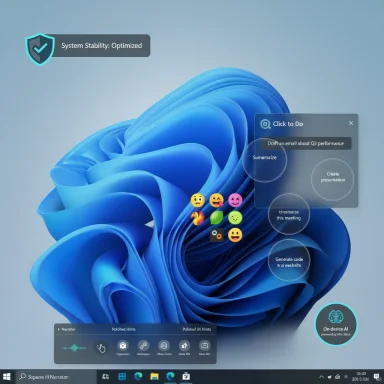 Windows 11 desktop with AI overlays and a System Stability: Optimized badge.