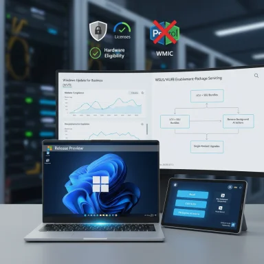 Tech workspace with a Windows laptop, tablet, and a large monitor displaying dashboards in a data center.