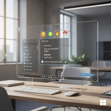 A transparent curved monitor on a desk displays a holographic UI in a modern office. A transparent curved monitor on a desk displays a holographic UI in a modern office.