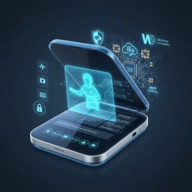 A futuristic smartphone projecting a blue holographic AI assistant with a security interface.