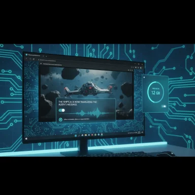 Futuristic desktop setup showing a spaceship and alien message on a neon circuit-board backdrop.