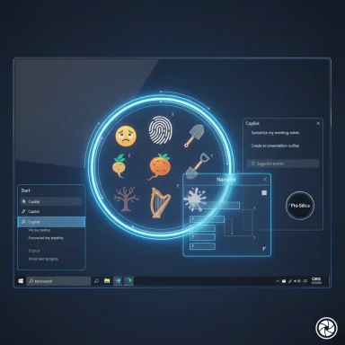 Futuristic holographic dashboard with a glowing blue ring and emoji icons.