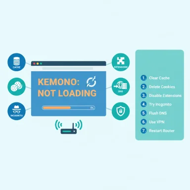 Infographic of “KEMONO: NOT LOADING” with steps to fix it (clear cache, delete cookies, DNS, extensions).