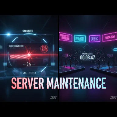 Split-screen game UI: futuristic build progress on the left, neon arcade maintenance countdown on the right.