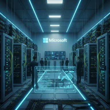 Microsoft data center with blue neon lighting and a holographic AI training progress display.