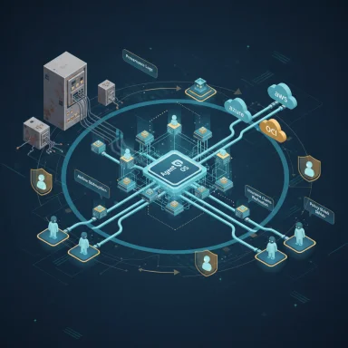 Isometric view of Agent OS at center linking to Azure, AWS and OCI clouds with logs and shields.