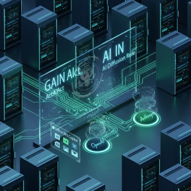 Futuristic data center with neon holographic AI interface among rows of servers.