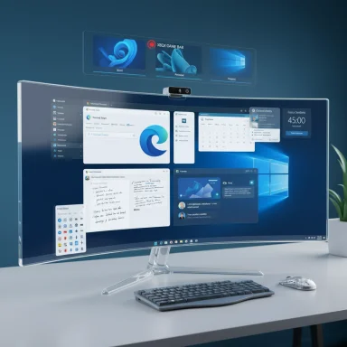 A transparent curved monitor on a desk shows multiple Windows-style widgets with an overhead holographic Xbox Game Bar.