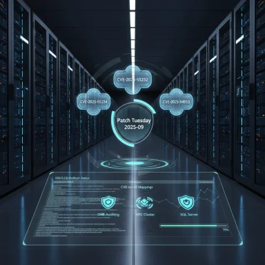 Futuristic data center with a holographic Patch Tuesday dashboard hovering above server racks.