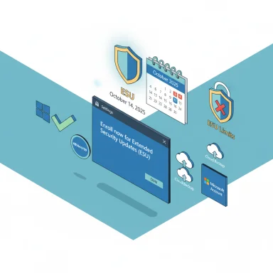 Isometric illustration promoting ESU (Extended Security Updates) with calendar, shields, cloud backups, and Microsoft Account.