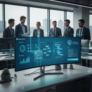 A team of professionals analyzes futuristic data dashboards on a curved monitor in a modern office.