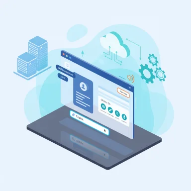 An isometric laptop screen displays cloud-based UI with servers, gears, and a floating dashboard.