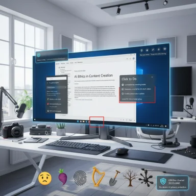 A modern desk setup with a curved monitor showing AI Ethics in Content Creation and a to-do panel.