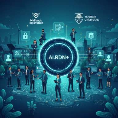 Futuristic scene around a glowing AI.RDN+ hub linking researchers at Midlands Innovation and Yorkshire Universities.