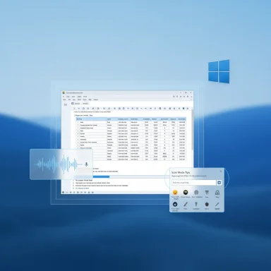 Windows 11 desktop with translucent floating windows, a data table, a voice waveform panel, and a tips bubble.