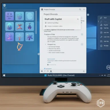 A computer monitor on a wooden desk displays overlapping app windows with a white game controller in front.