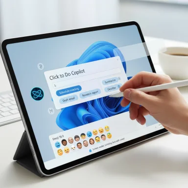 A tablet screen shows a 'Click to Do Copilot' task card being tapped with a stylus.