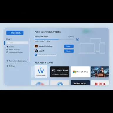 A sleek software-update dashboard showing active downloads and app tiles.