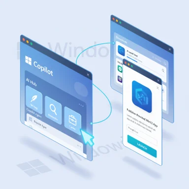 Isometric illustration of floating app windows labeled Copilot and Launch connected by a blue arc.