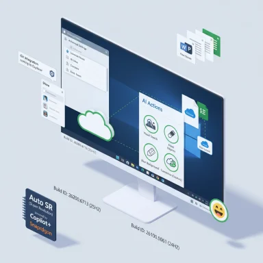 A 3D monitor displays AI actions, cloud icons, and floating app panels with a Snapdragon chip.