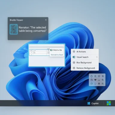 Windows desktop with floating AI tools, a Braille Viewer, and a Copilot bar over a blue abstract wallpaper.