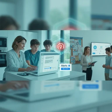 Students collaborate around a laptop in a bright classroom, with holographic icons and alert badges.