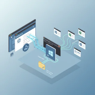 Isometric illustration of a VM desktop linking to remote apps and shared files.