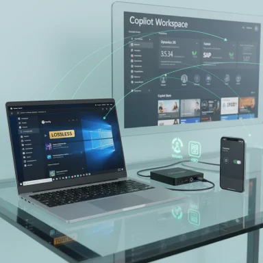 Sleek desk setup displaying Copilot Workspace on a large monitor, with a laptop and smartphone.