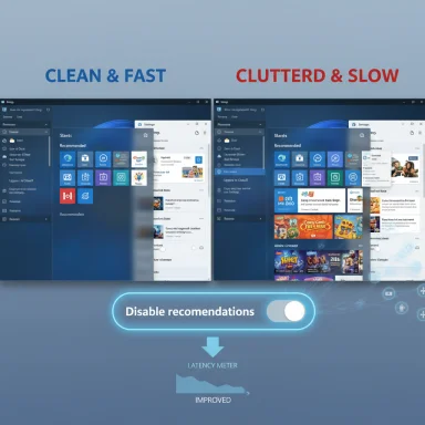 Side-by-side: clean & fast UI vs cluttered & slow, with a toggle to disable recommendations.
