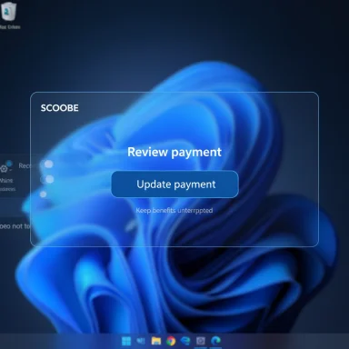 A Windows desktop shows a translucent SCOOBE modal to review and update payment.