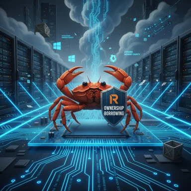 A red crab atop a glowing circuit platform guards a shield labeled Ownership Borrowing in a neon data center.