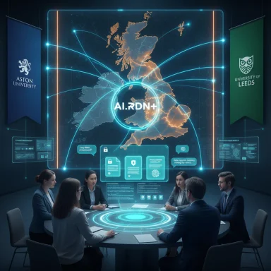 A team in a futuristic command room analyzes a holographic AI network across the UK.