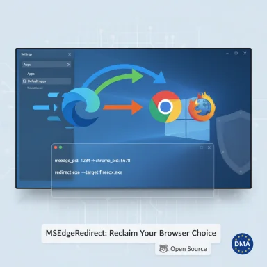 Illustration of MSEdgeRedirect reclaiming browser choice on Windows (open-source).