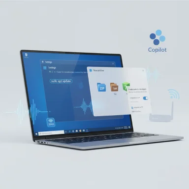 A laptop screen shows a blue settings UI with ZIP/TAR icons, with Copilot branding in the background.