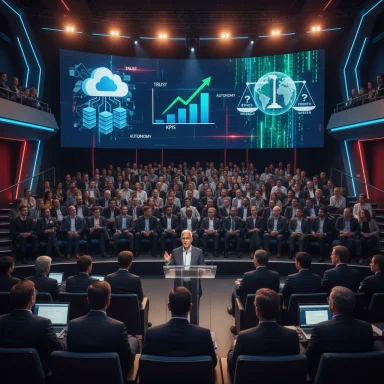 A presenter at a podium addresses a crowded, high-tech conference hall with a giant screen displaying charts.