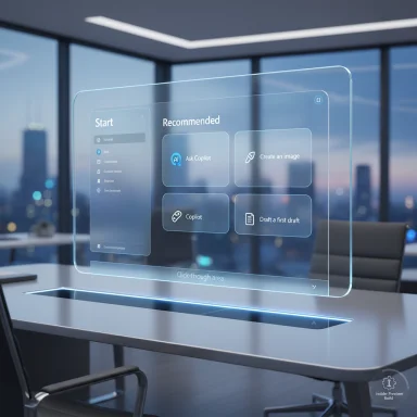 A transparent holographic UI floats above a conference table in a modern office.